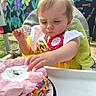 badge, birthday, cake, celebration, child, colorful, curious, face, flowers, food, garden, highchair, mural, outdoor, party, person, pink_frosting, smile, toddler, yellow_dress