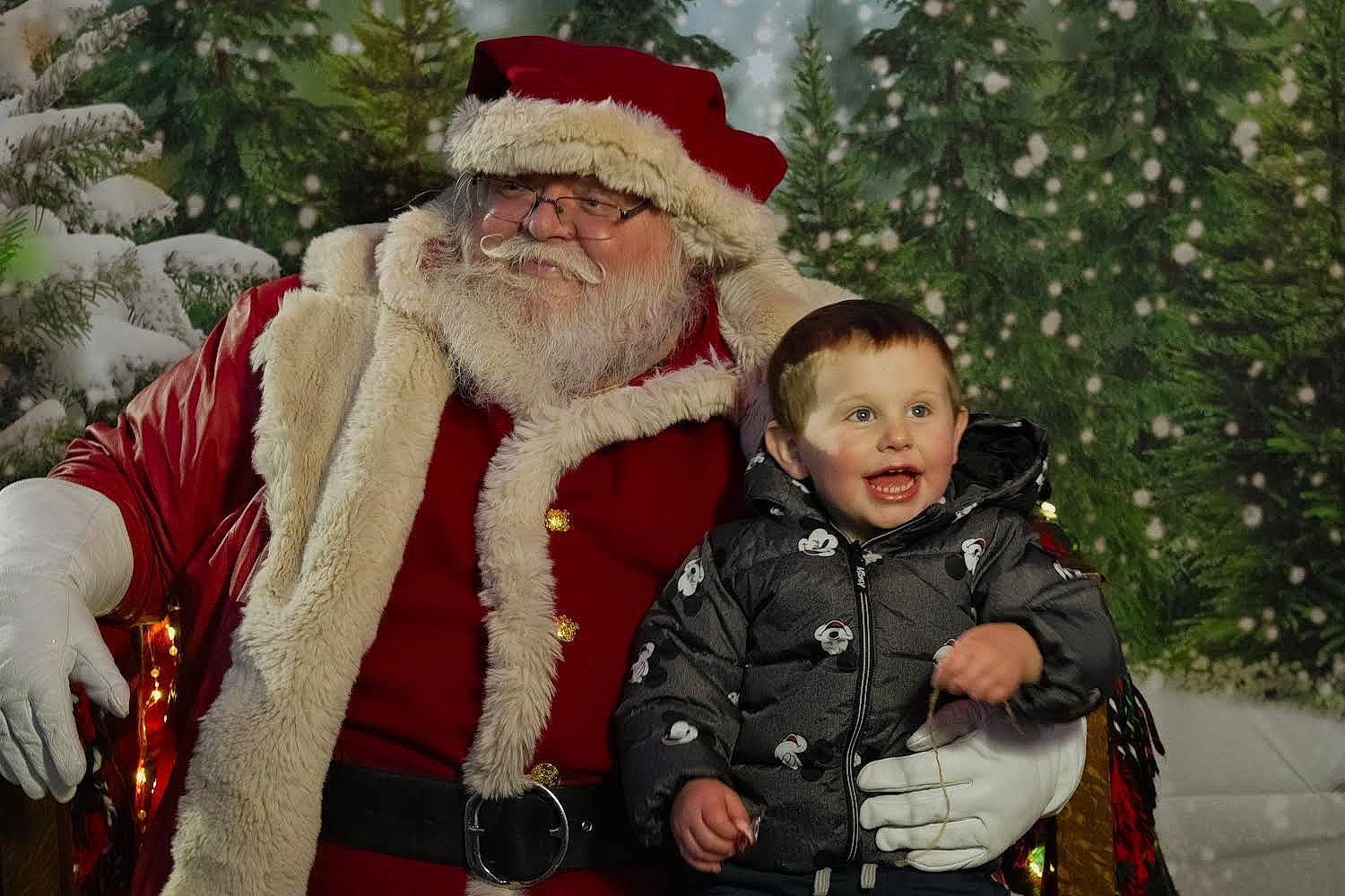 Bentley is registered to the contest to win money with this photo: beard, eye, face, facial_expression, facial_hair, fur_clothing, happy, hat, human_body, jacket, organ, outerwear, people, person, santa_claus, sleeve, smile, standing, toddler, tree