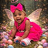 Dream joined the competition — help win amazing prizes! baby, bow, child, cute, dream, eggs, fairy_wings, fantasy, flowers, forest_background, grass, happy, headband, magical, outdoor, pink_dress, portrait, sitting, smiling, sparkles