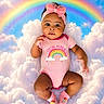 Dream is registered to the contest to win money with this photo: baby, background, bright, child, clouds, colorful, cute, cute_expression, happy, headband, infant, looking_up, lying_down, outfit, pink_onesie, portrait, rainbow, smiling, socks, soft