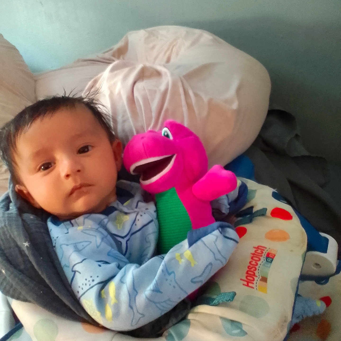 Victor is registered to the contest to win money with this photo: baby, baby_seat, blanket, blue_clothing, child, colorful, comfort, cozy, cute, dinosaur, face, hopscotch, indoors, infant, pillow, plush_toy, portrait, resting, soft_toy, young_child