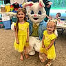 child, children, yellow_dress, easter_bunny, mascot, party, indoor, gift_bags, carpet, smiling, family_event, celebration, costume, cute, person, group, fun, holiday, toddler, girl