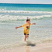 Riverlynn is registered to the contest to win money with this photo: child, beach, ocean, water, splashing, yellow_shirt, sunny, waves, sand, sky, outdoor, happy, fun, summer, play, person, vacation, sea, nature, young