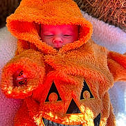 Stetson joined the competition — help win amazing prizes! baby, infant, costume, pumpkin, orange, hood, blanket, cute, sleepy, face, child, festive, holiday, soft, texture, smile, portrait, lying_down, clothing, cozy