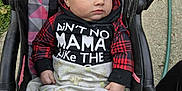 Shawn joined the competition — help win amazing prizes! baby, stroller, blanket, hoodie, child, outdoor, grass, concrete, face, person, clothing, plaid, pattern, seated, infant, casual, cute, young, expression, portrait