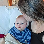 Shawn is registered to the contest to win money with this photo: baby, woman, kiss, couch, blanket, striped_clothing, indoor, portrait, affection, family, love, home, person, face, head, human, seated, closeup, casual, comfort
