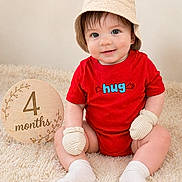 Layne joined the competition — help win amazing prizes! baby, infant, smile, hat, bucket_hat, red_onesie, mittens, white_socks, carpet, wooden_sign, milestone, 4_months, cute, portrait, sitting, indoor, child, face, happy, soft_lighting