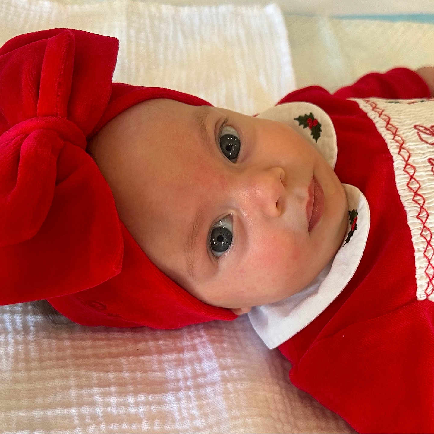 Alaïa a rejoint le concours — aidez-le/la à gagner de superbes lots ! adorable, baby, child, christmas_theme, closeup, curious_look, cute, face, festive, headwear, holiday_outfit, indoors, infant, lying_down, portrait, red_bow, red_clothing, smiling, soft_texture, white_blanket