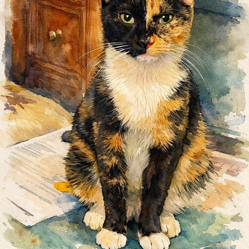 Tava joined the competition — help win amazing prizes! attentive, calico_cat, cat, closeup, cozy, dresser, ears, fur, furniture, green_eyes, indoor, painting_style, paper, paws, pet, portrait, sitting, stare, watercolor_effect, whiskers