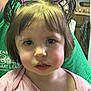 Scarlett joined the competition — help win amazing prizes! child, toddler, girl, face, hair, pigtails, purple_hair_clips, pink_shirt, indoor, person, portrait, expression, curious, innocent, background_blur, kitchen, green_shirt, human, closeup, young