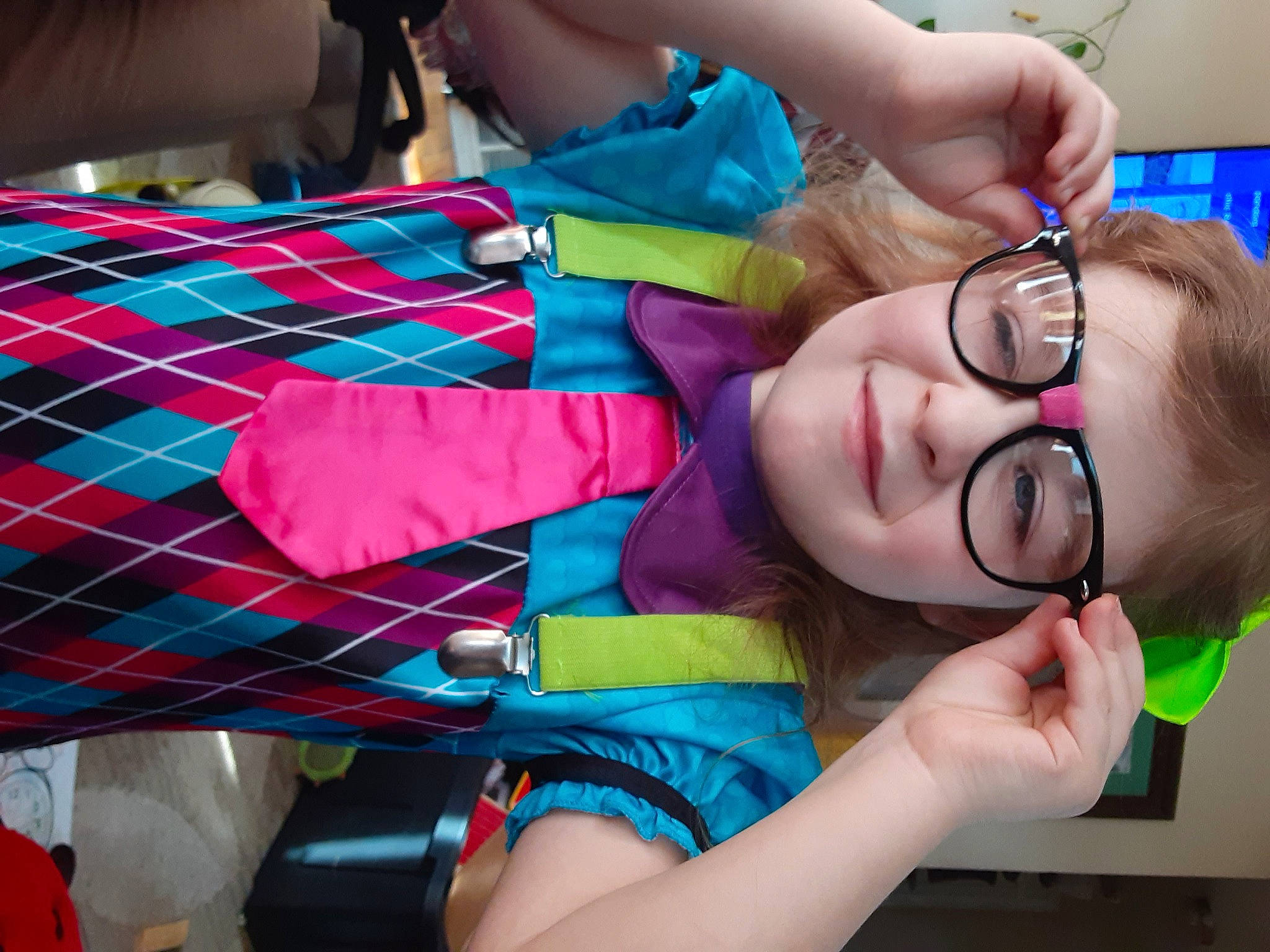 Avalynn joined the competition — help win amazing prizes! child, electric_blue, eyelash, eyewear, fashion_accessory, fun, gesture, hand, happy, human_leg, jewellery, joy, leisure, nail, pattern, person, plaid, smile, tartan, thigh