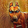 animal, artistic, background, blue_eyes, brown, cartoon_style, digital_art, dog, ears_up, face, fur, indoor, intense_expression, pet, portrait, standing, stylized, texture, vibrant_colors, wooden_floor