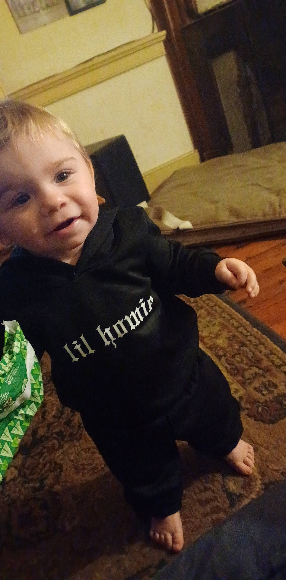 Larry joined the competition — help win amazing prizes! baby, baby_toddler_clothing, comfort, cool, elbow, floor, flooring, fun, happy, hardwood, iris, long_sleeved_t_shirt, nose, person, sitting, sleeve, sportswear, standing, t_shirt, toddler