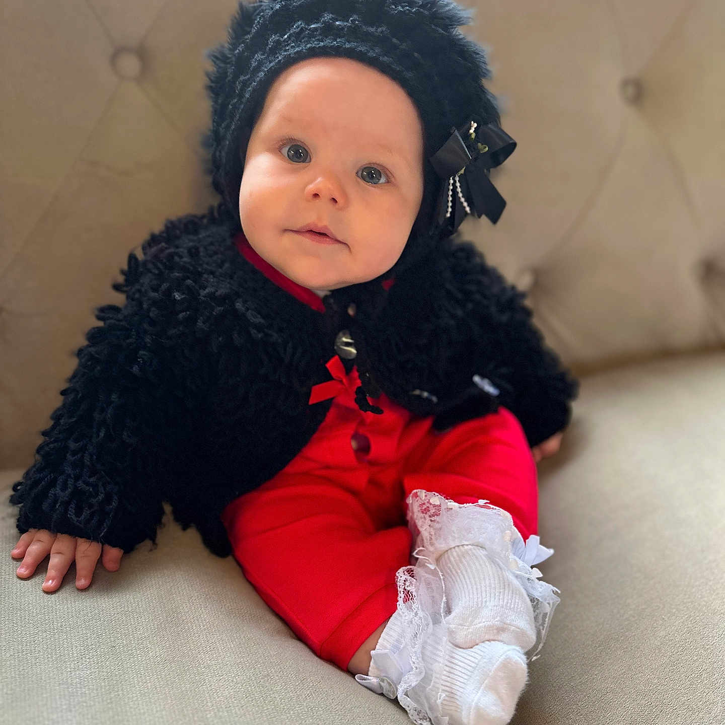 Rosa Angeline joined the competition — help win amazing prizes! baby, bodypart, bonnet, cap, clothing, couch, cushion, face, finger, furniture, hand, hat, head, homedecor, hosiery, pants, person, photography, portrait, sitting