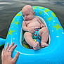 baby, barefoot, blue, calm, child, float, green, hand, infant, inflatable, outdoor, pool, relaxing, ring, starfish, summer, swimming, swimwear, water, water_toys