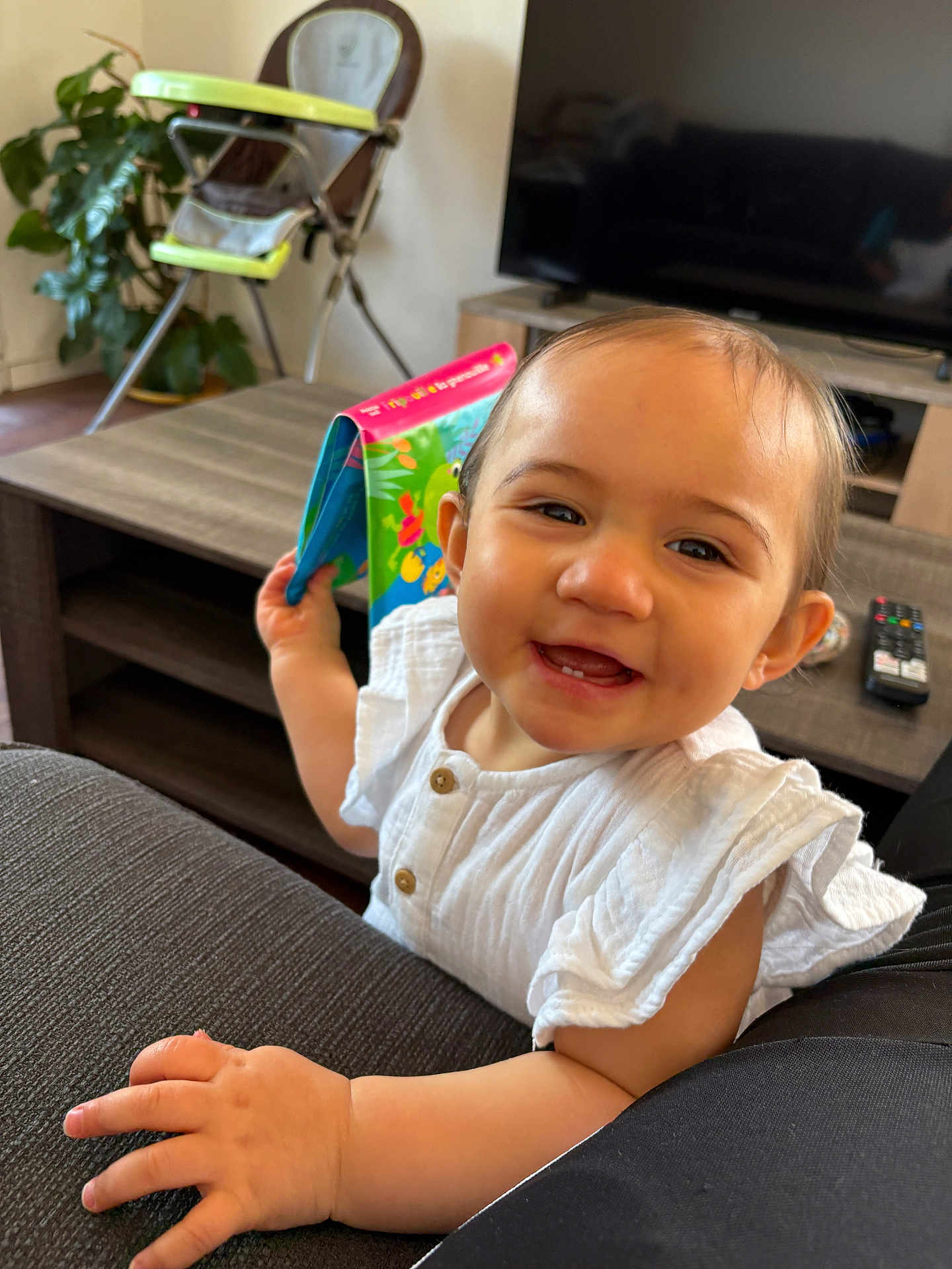 Rose a rejoint le concours — aidez-le/la à gagner de superbes lots ! baby, child, smiling, white_clothing, book, couch, living_room, television, remote_control, high_chair, plant, wooden_table, happy, cute, indoor, person, face, hand, furniture, home