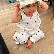 Rose a rejoint le concours — aidez-le/la à gagner de superbes lots ! toddler, child, baby, indoor, floor, wooden_floor, hat, white_clothing, polka_dots, sitting, cute, curious, person, infant, young_child, headwear, barefoot, casual, home, portrait
