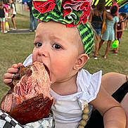 Autumn joined the competition — help win amazing prizes! toddler, child, food, ham, headband, watermelon_pattern, outdoor, festival, people, grass, summer, fair, carnival, appetite, cute, earring, white_clothing, beads, holding, portrait
