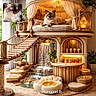 blue_eyes, bridge, candles, cat, cat_palace, cozy, curtains, cushion, decor, fluffy_cat, furniture, indoor, lamp, luxury, pet, plants, relaxing, stairs, waterfall, wood