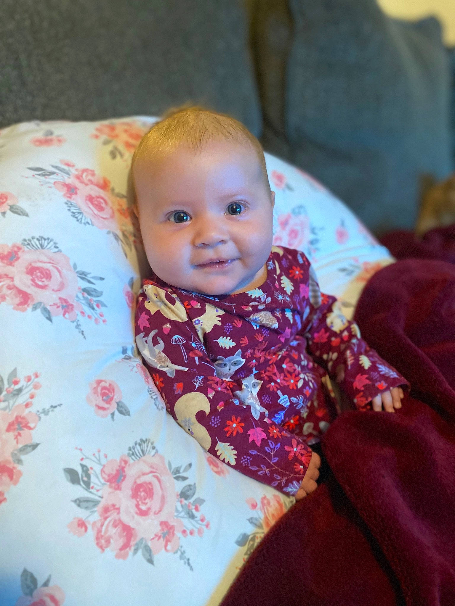 Dixie is registered to the contest to win money with this photo: baby, baby_toddler_clothing, cheek, child, chin, comfort, eye, face, happy, head, iris, linens, lip, mouth, neck, nose, person, skin, sleeve, smile
