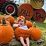 autumn, baby, blue_sky, celebration, child, costume, fall, farm, festive, grass, happy, hat, hay_bale, nature, orange, outdoor, pumpkin, sitting, smile, tractor