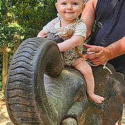 Eléanore participe au concours pour gagner de l'argent avec cette photo : adult, arm, baby, child, cute, greenery, happy, nature, outdoor, park, person, playful, portrait, sculpture, smiling, summer, sunlight, tattoo, toy, wooden_elephant