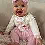 Aria Ella joined the competition — help win amazing prizes! baby, child, smiling, pink_bow, tutu, leggings, sitting, blanket, happy, cute, foot, hand, headband, portrait, indoor, infant, clothing, person, face, soft