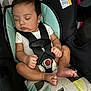 baby, sleeping, car_seat, child, infant, straps, seatbelt, cushion, patterned_fabric, white_clothing, peaceful, closed_eyes, small_hands, small_feet, indoors, safety, rest, cute, comfort, person