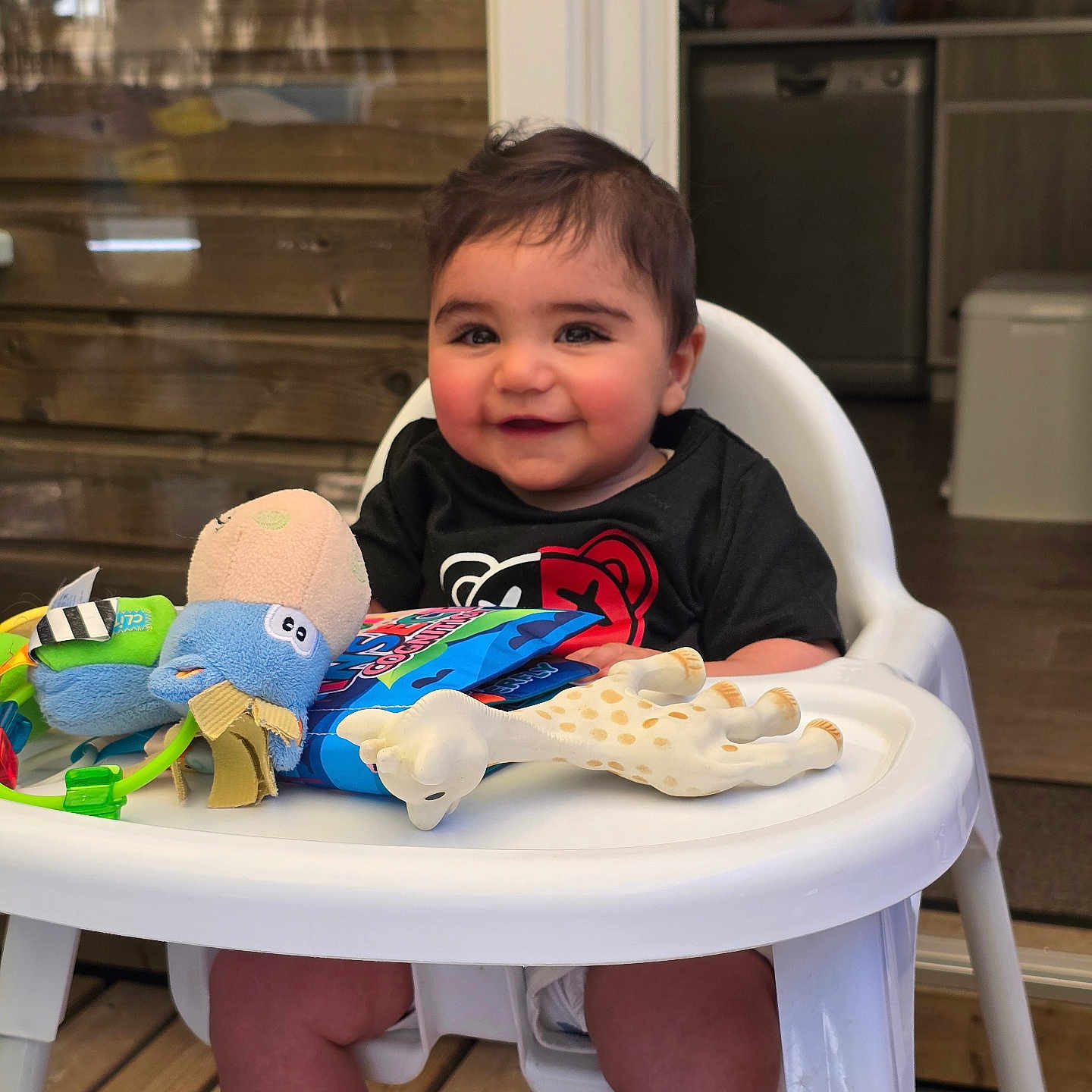 Louis participe au concours pour gagner de l'argent avec cette photo : baby, black_shirt, child, cute, face, furniture, giraffe_toy, happy, high_chair, indoor, kitchen, legs, outdoor, person, plush_toy, seat, smiling, table, toy, wooden_floor