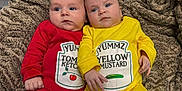 Jameson joined the competition — help win amazing prizes! baby, infant, twins, red_onesie, yellow_onesie, blanket, blue_eyes, cute, lying_down, indoors, child, face, portrait, clothing, baby_girls, newborn, soft_texture, warm_colors, sibling, adorable
