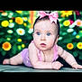 Jocelyn is registered to the contest to win money with this photo: baby, blue_eyes, child, closeup, colorful_flowers, curious_expression, cute, flower_background, infant, nature, outdoor, pastel_clothing, pink_bow, portrait, soft_focus, summer, sunlight, tummy, wooden_surface, young_child