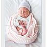 newborn, baby, infant, blanket, pink, hat, sleeping, wrapped, portrait, white_background, soft, cute, peaceful, photography, preview, cropping, keepsake, text_overlay, interface, bed