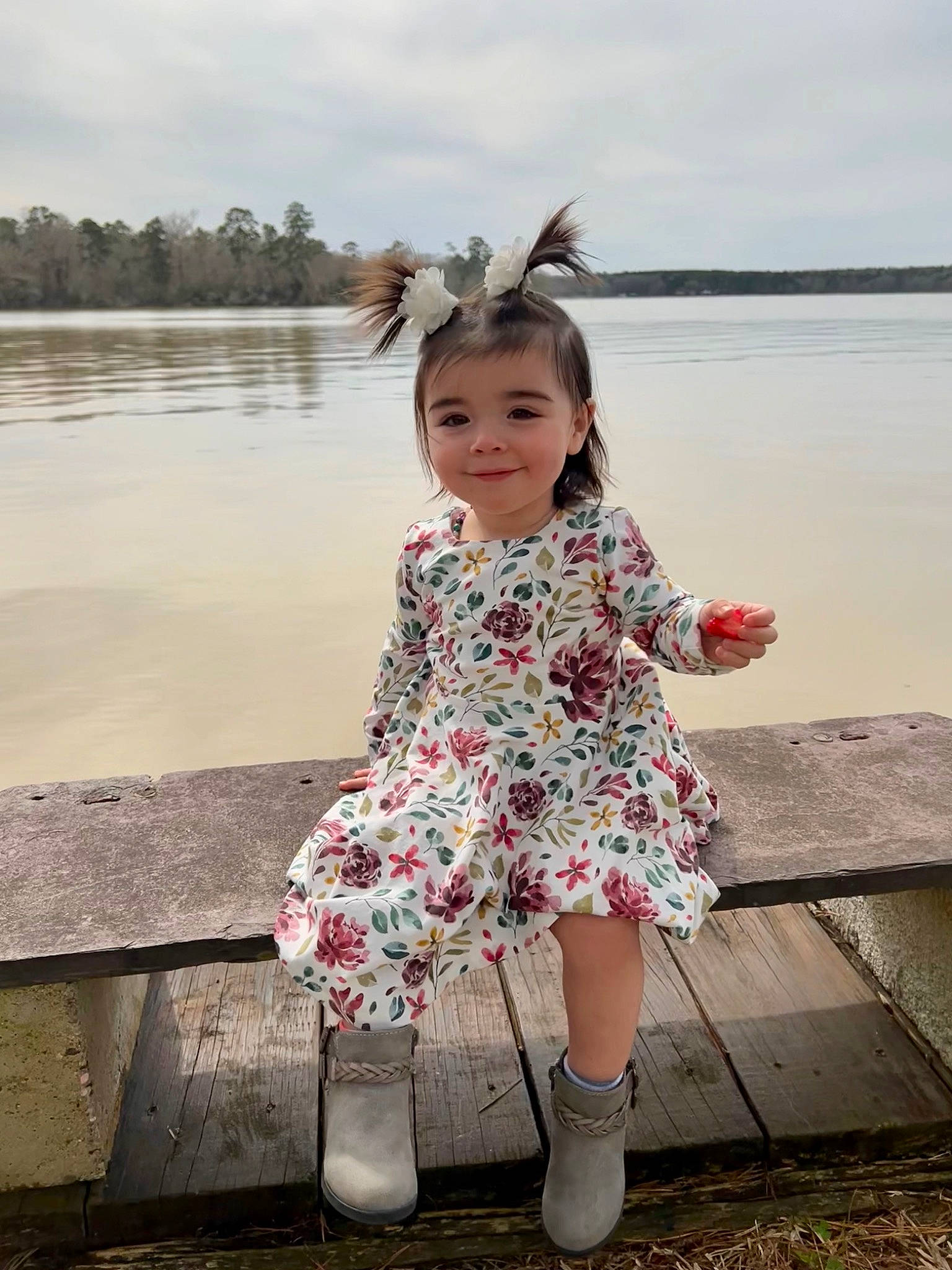 Brexley joined the competition — help win amazing prizes! cloud, day_dress, dress, flash_photography, grass, hair, happy, human_leg, joy, lake, leg, magenta, pattern, people_in_nature, person, pink, plant, sitting, sky, toddler