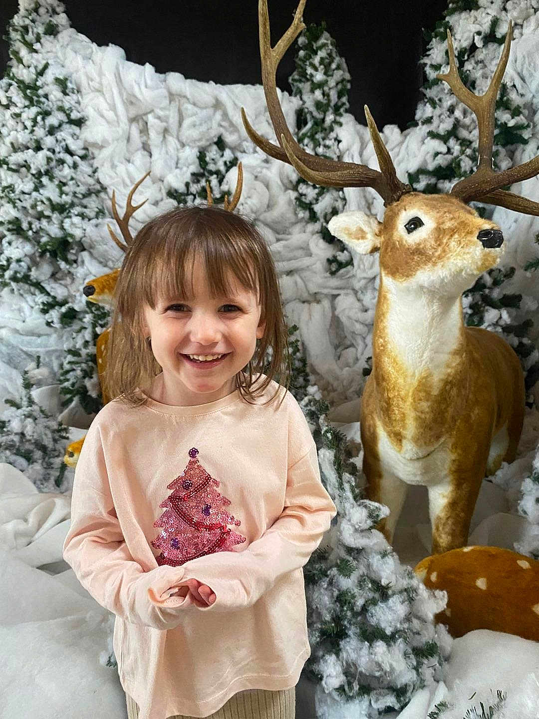 Naya participe au concours pour gagner de l'argent avec cette photo : child, smiling, pink_shirt, christmas_tree_design, deer_statue, antlers, snow, snowy_trees, winter, holiday, festive, indoor_scene, decoration, playful, happy, portrait, person, cute, background, seasonal