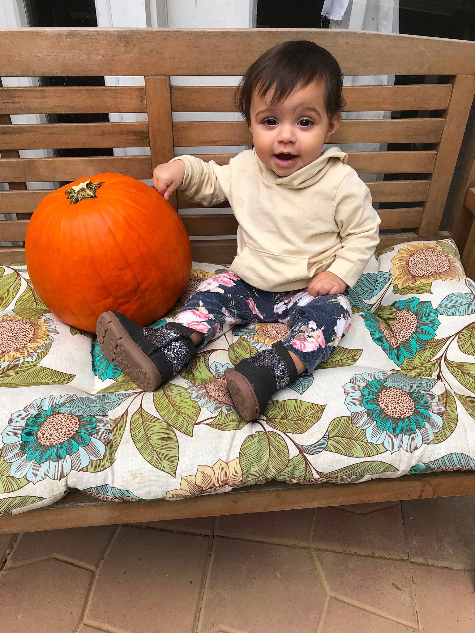 Halle is registered to the contest to win money with this photo: calabaza, child, cucurbita, floor, fruit, gourd, person, plant, pumpkin, sitting, squash, toddler, vegetable, winter_squash