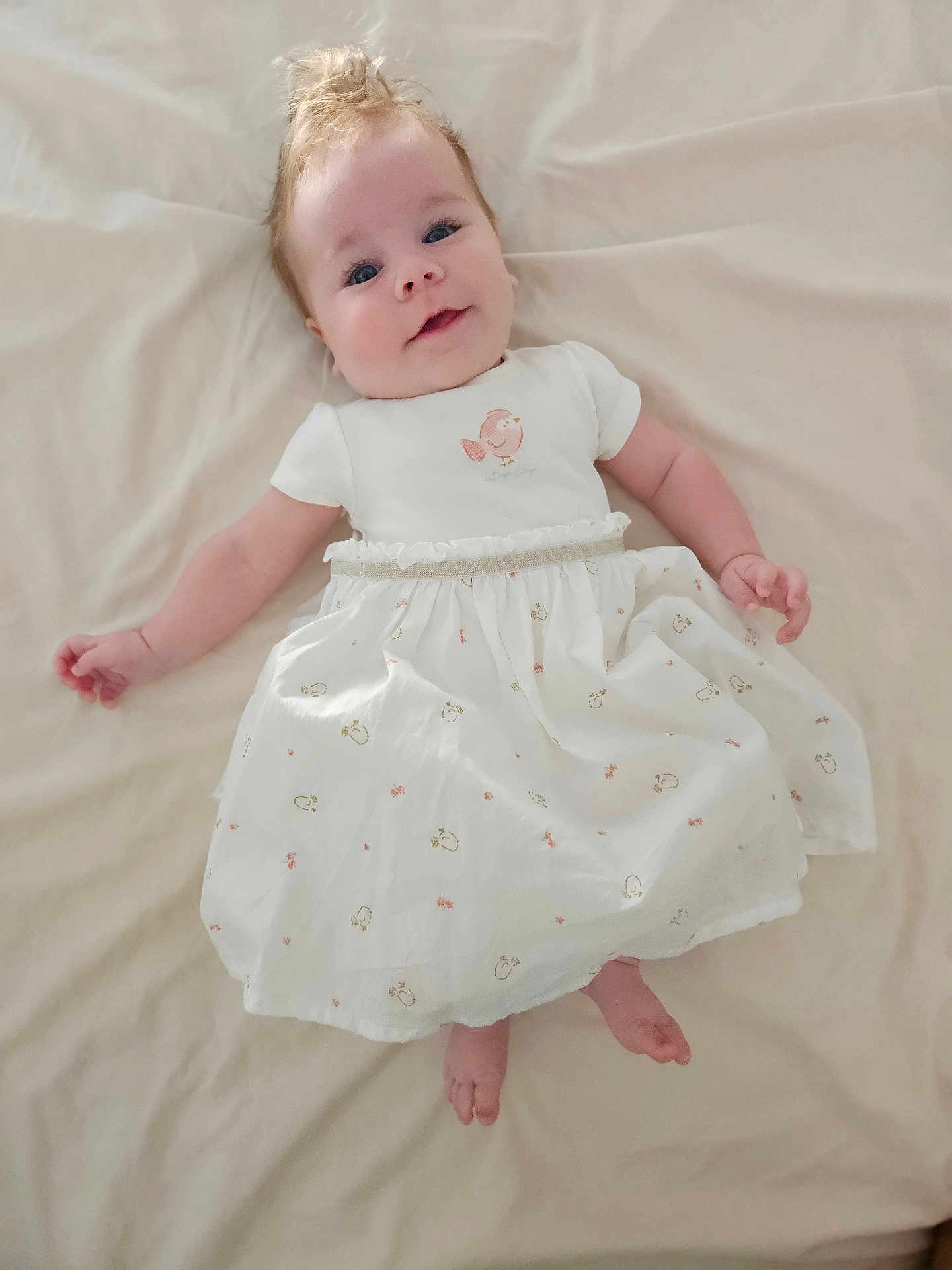 Lise participe au concours pour gagner de l'argent avec cette photo : baby, infant, smiling, white_dress, bird_pattern, lying_down, blanket, soft_lighting, cute, child, happy, portrait, skin, head, hands, feet, indoors, toddler, person, clothing