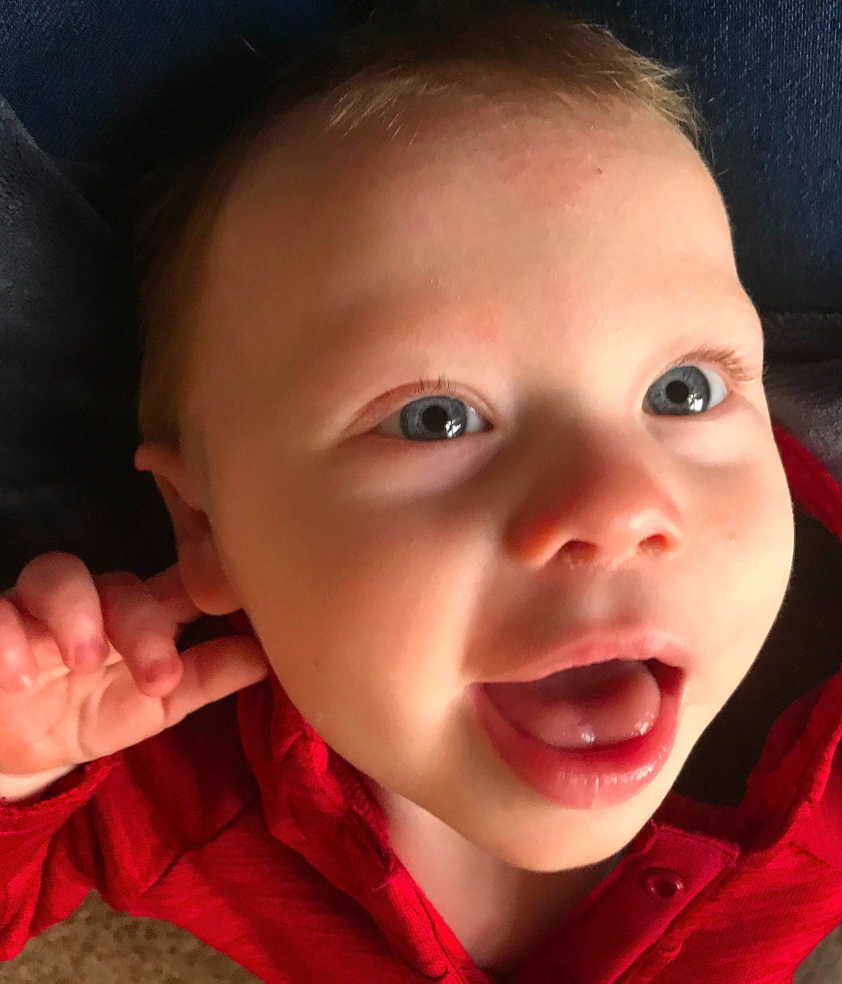 Jaxon is registered to the contest to win money with this photo: brown_hair, cheek, child, chin, close_up, ear, eye, eyebrow, face, forehead, head, infant, jaw, lip, mouth, nose, person, skin, smile, toddler