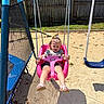 blue, child, fence, footwear, grass, hairclip, happy, outdoor, person, pink, play, playground, rope, sand, summer, sunlight, swing, toddler, toy, trampoline