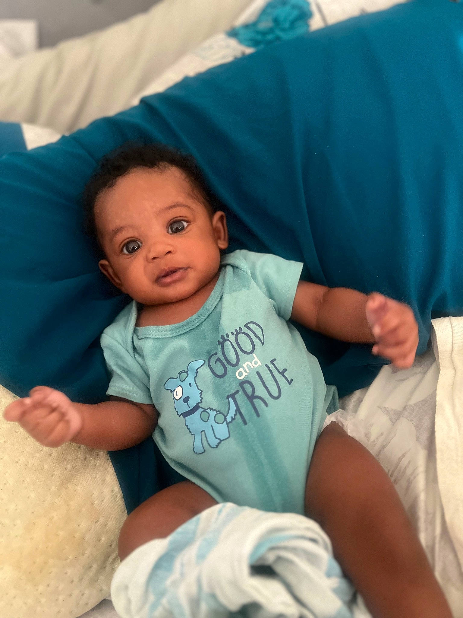 Chance joined the competition — help win amazing prizes! baby, baby_toddler_clothing, cheek, child, comfort, eye, finger, fun, gesture, happy, head, linens, mouth, nose, person, skin, smile, t_shirt, textile, toddler