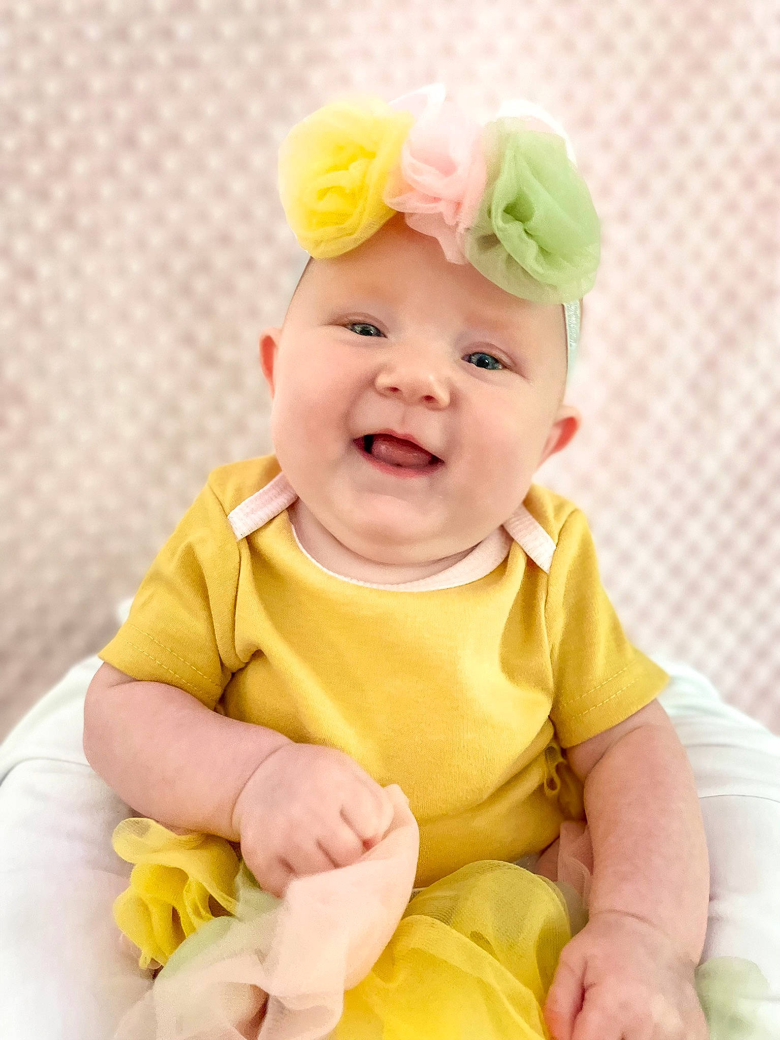 Karsyn is registered to the contest to win money with this photo: baby, baby_toddler_clothing, cap, cheek, child, dress, fashion_accessory, fun, happy, hat, head, headband, headpiece, headwear, magenta, peach, person, pink, skin, sleeve