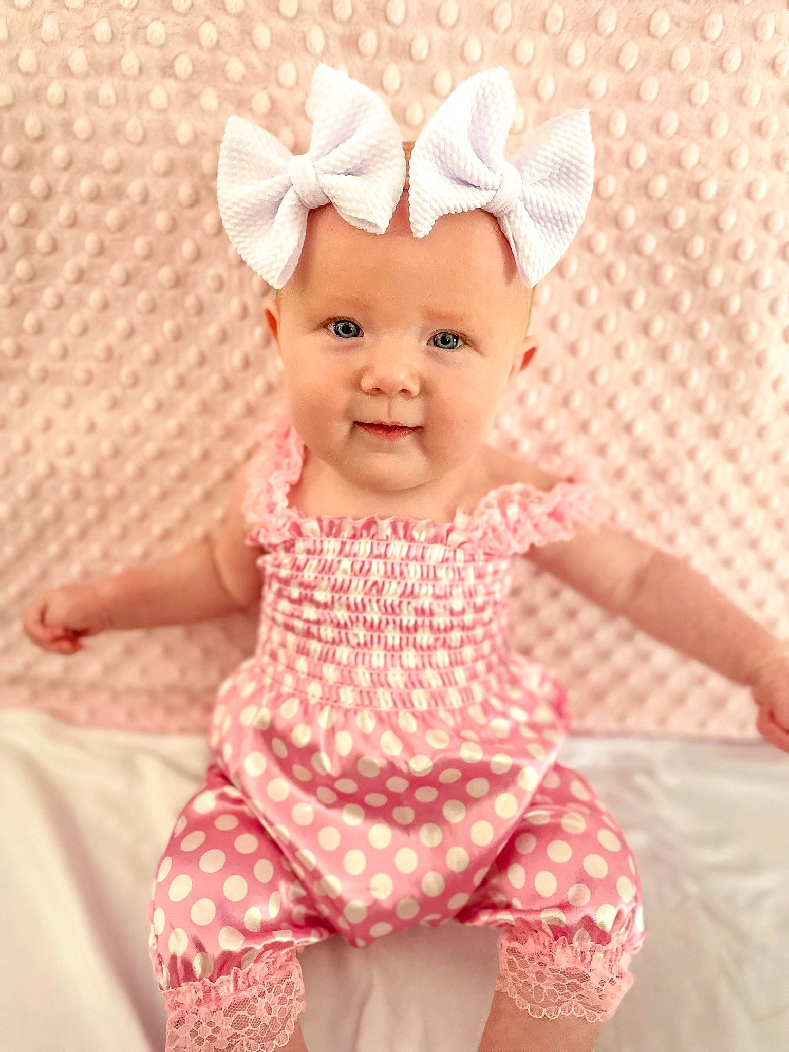 Karsyn joined the competition — help win amazing prizes! baby, baby_toddler_clothing, day_dress, face, fashion_accessory, hair_accessory, happy, head, lip, magenta, one_piece_garment, pattern, peach, person, pink, skin, sleeve, smile, thumb, toddler