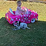 Kodi Sue joined the competition — help win amazing prizes! child, toddler, toy_car, pink, minnie_mouse, dog, grass, lawn, fence, outdoor, sunny, pet, animal, happy, smiling, play, summer, vehicle, cute, person