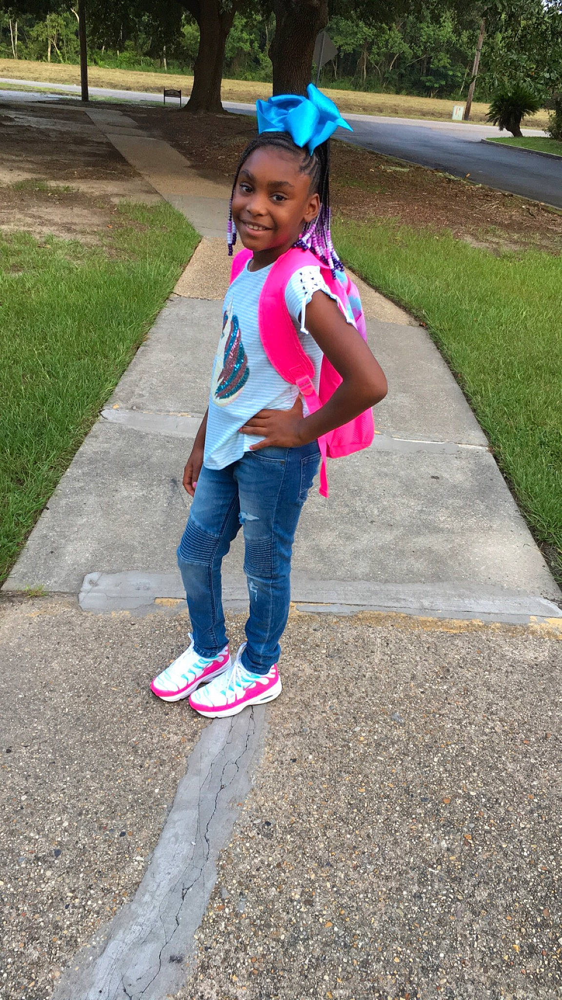 Aniah is registered to the contest to win money with this photo: child, denim, fun, jeans, joy, leisure, person, pink, plant, play, recreation, smile, style, summer, toddler, tree, vacation, walking