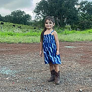 Skylar is registered to the contest to win money with this photo: child, girl, blue_dress, boots, outdoor, standing, gravel, nature, trees, cloudy_sky, smiling, long_hair, field, grass, young, person, casual_clothing, daytime, rural, portrait