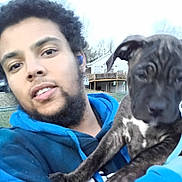 Ryker is registered to the contest to win money with this photo: animal, backyard, beard, blue_clothing, casual, companion, curly_hair, daylight, dog, face, fence, friendship, holding, hoodie, house, outdoor, pet, portrait, puppy, young_man