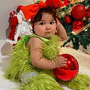 Victoria Sopfia joined the competition — help win amazing prizes! baby, celebration, child, christmas, christmas_tree, curly_hair, cute, decorations, festive, fluffy_clothing, green_outfit, holiday, holiday_decor, holiday_spirit, indoor, ornament, portrait, red_bow, sitting, smiling