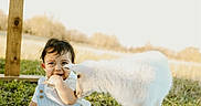 Kayden is registered to the contest to win money with this photo: baby, child, goat, animal, grass, outdoor, blanket, cross, wood, sunlight, field, nature, cute, curious, infant, overalls, white, peaceful, portrait, daytime