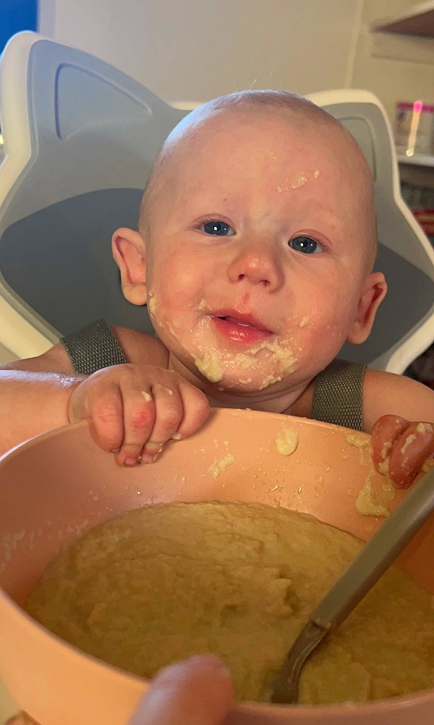 Harlan is registered to the contest to win money with this photo: baby, baby_bathing, baby_food, bathing, bathroom, cheek, child, comfort_food, cooking, food, fun, ingredient, kitchen_utensil, mouth, nose, person, recipe, skin, smile, tableware