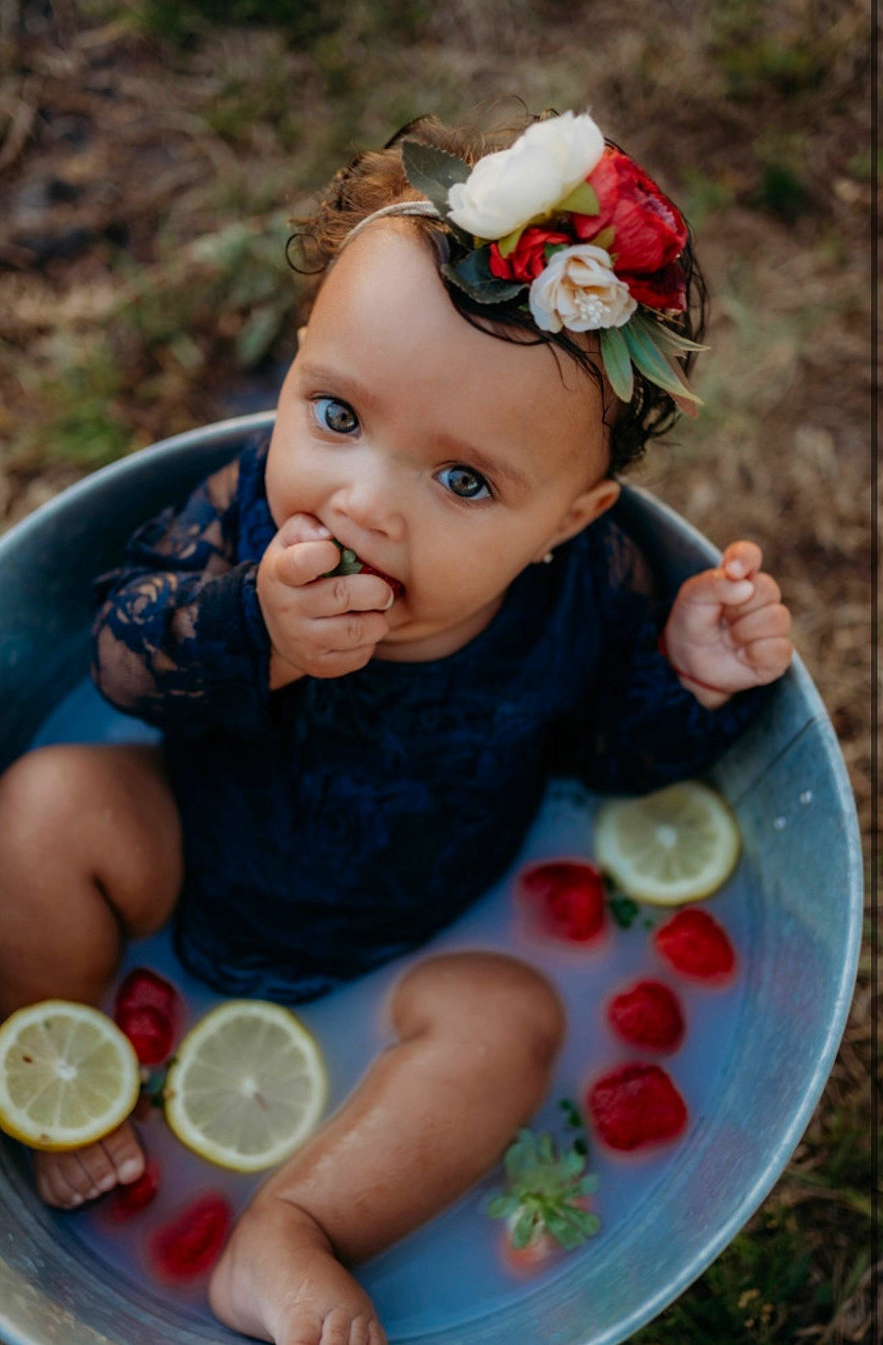 Alanis joined the competition — help win amazing prizes! baby, baby_toddler_clothing, child, dress, face, flower, food, fruit, grass, hand, happy, hat, headband, headwear, orange, person, plant, skin, summer, tableware