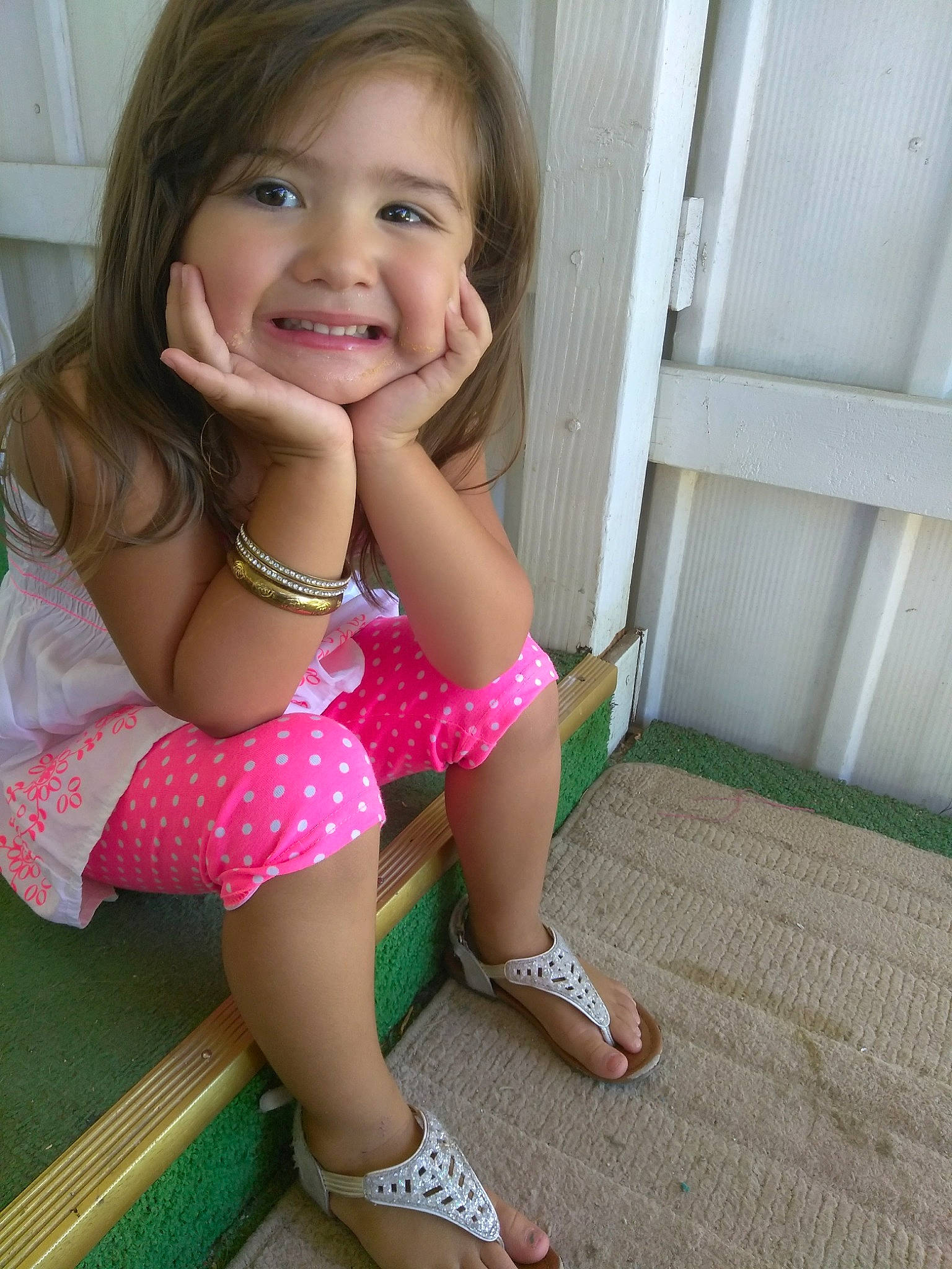 Amia joined the competition — help win amazing prizes! beauty, blond, cheek, child, child_model, face, facial_expression, fun, happy, head, joy, leg, long_hair, pattern, person, pink, sitting, skin, smile, summer